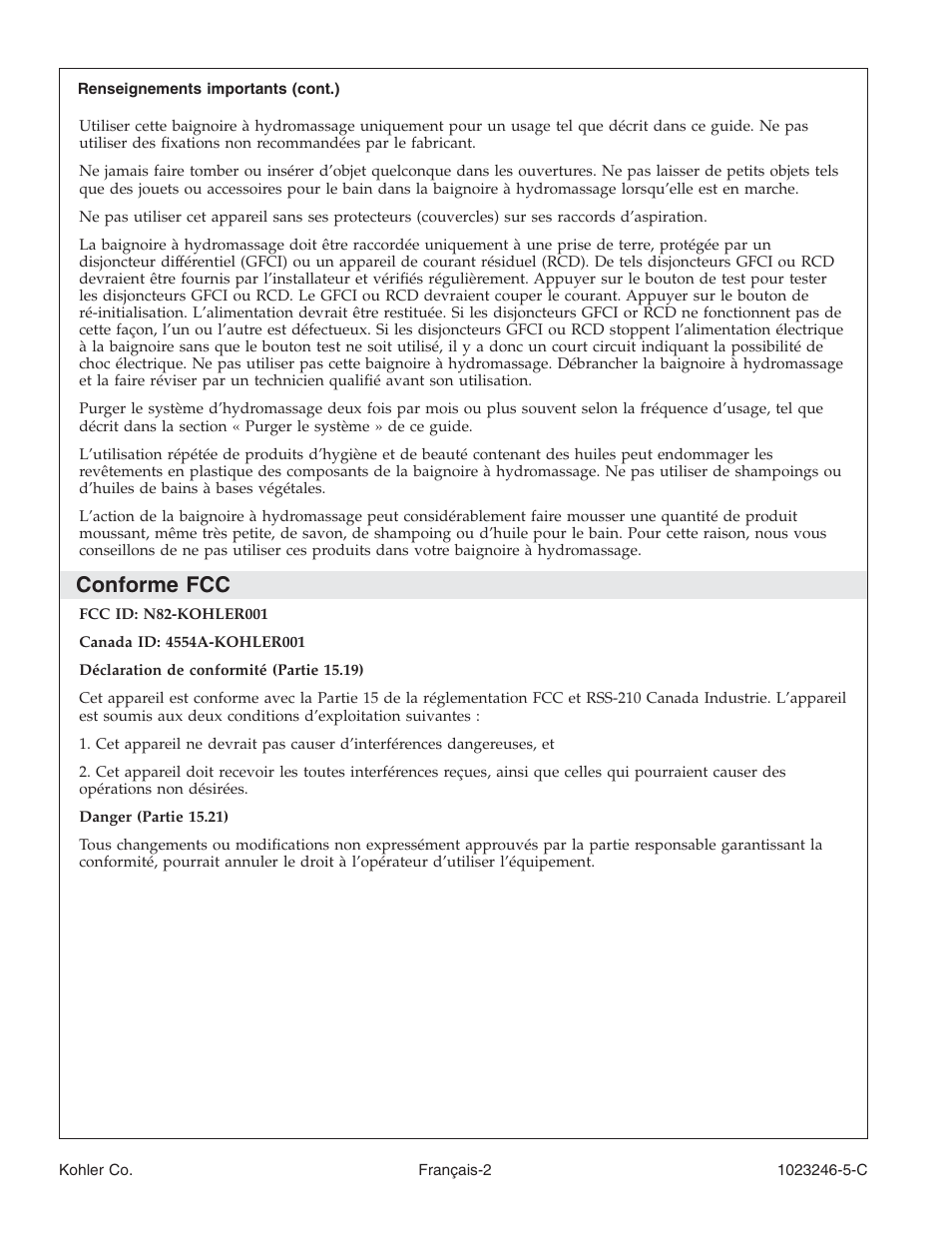 Conforme fcc | Kohler Bath Whirlpool K-1418-CT User Manual | Page 19 / 52