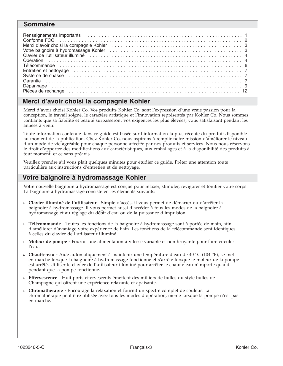 Sommaire, Merci d’avoir choisi la compagnie kohler, Votre baignoire à hydromassage kohler | Kohler Bath Whirlpool K-1418-CT User Manual | Page 20 / 52