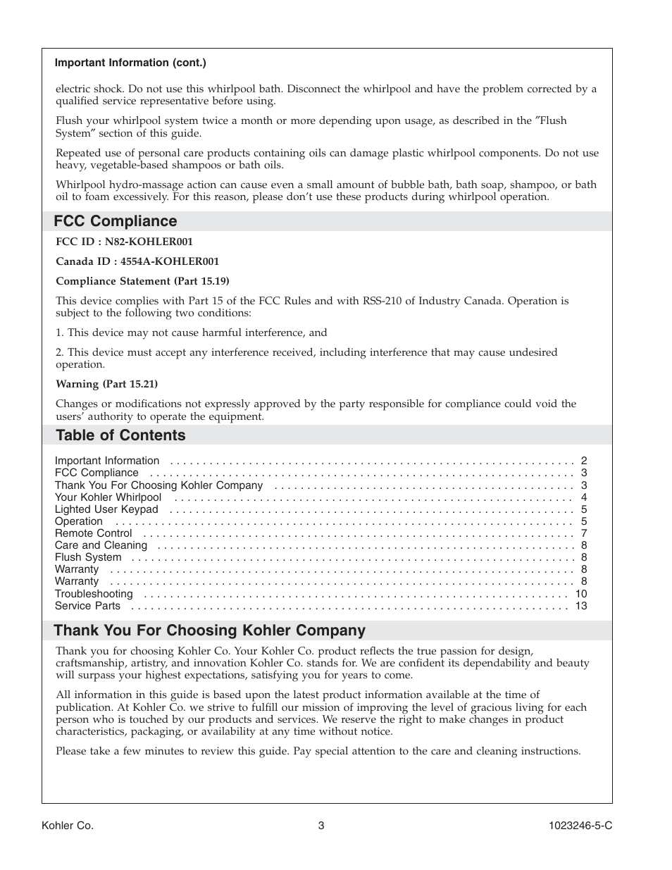 Kohler Bath Whirlpool K-1418-CT User Manual | Page 3 / 52