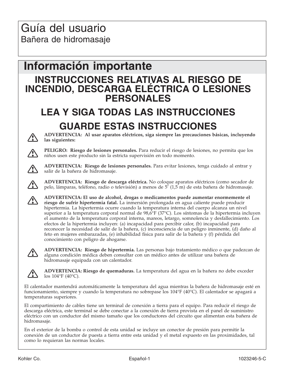 Guía del usuario, Información importante, Bañera de hidromasaje | Kohler Bath Whirlpool K-1418-CT User Manual | Page 34 / 52