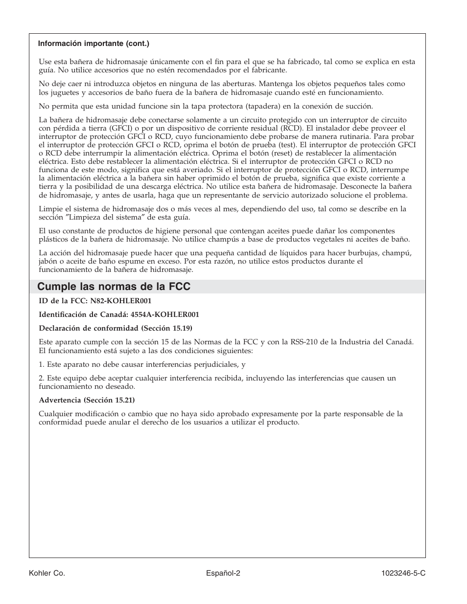 Cumple las normas de la fcc | Kohler Bath Whirlpool K-1418-CT User Manual | Page 35 / 52
