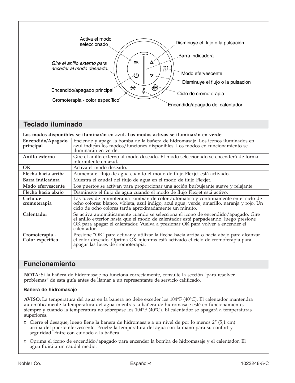 Teclado iluminado, Funcionamiento | Kohler Bath Whirlpool K-1418-CT User Manual | Page 37 / 52