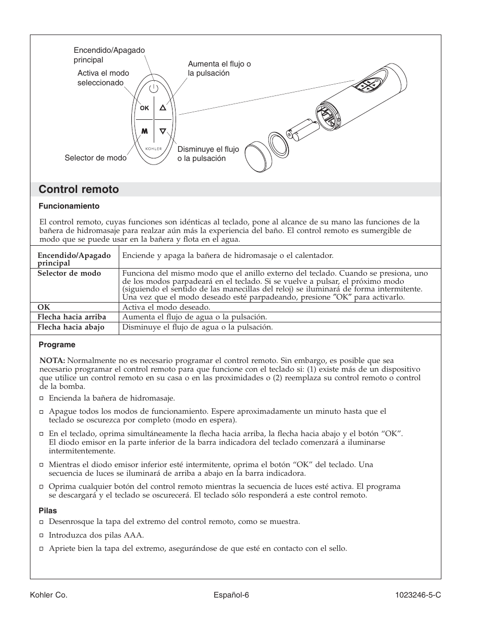 Control remoto | Kohler Bath Whirlpool K-1418-CT User Manual | Page 39 / 52