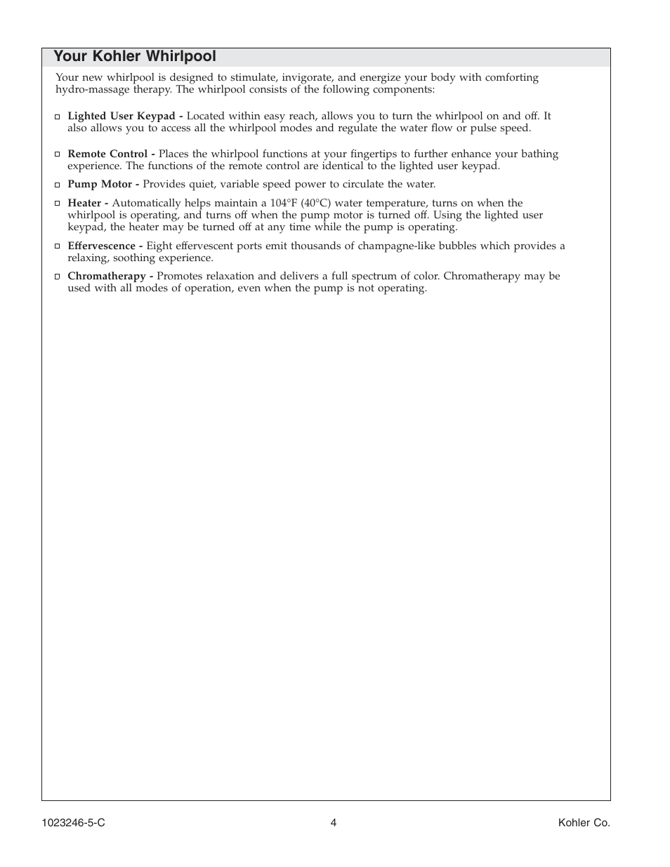 Your kohler whirlpool | Kohler Bath Whirlpool K-1418-CT User Manual | Page 4 / 52