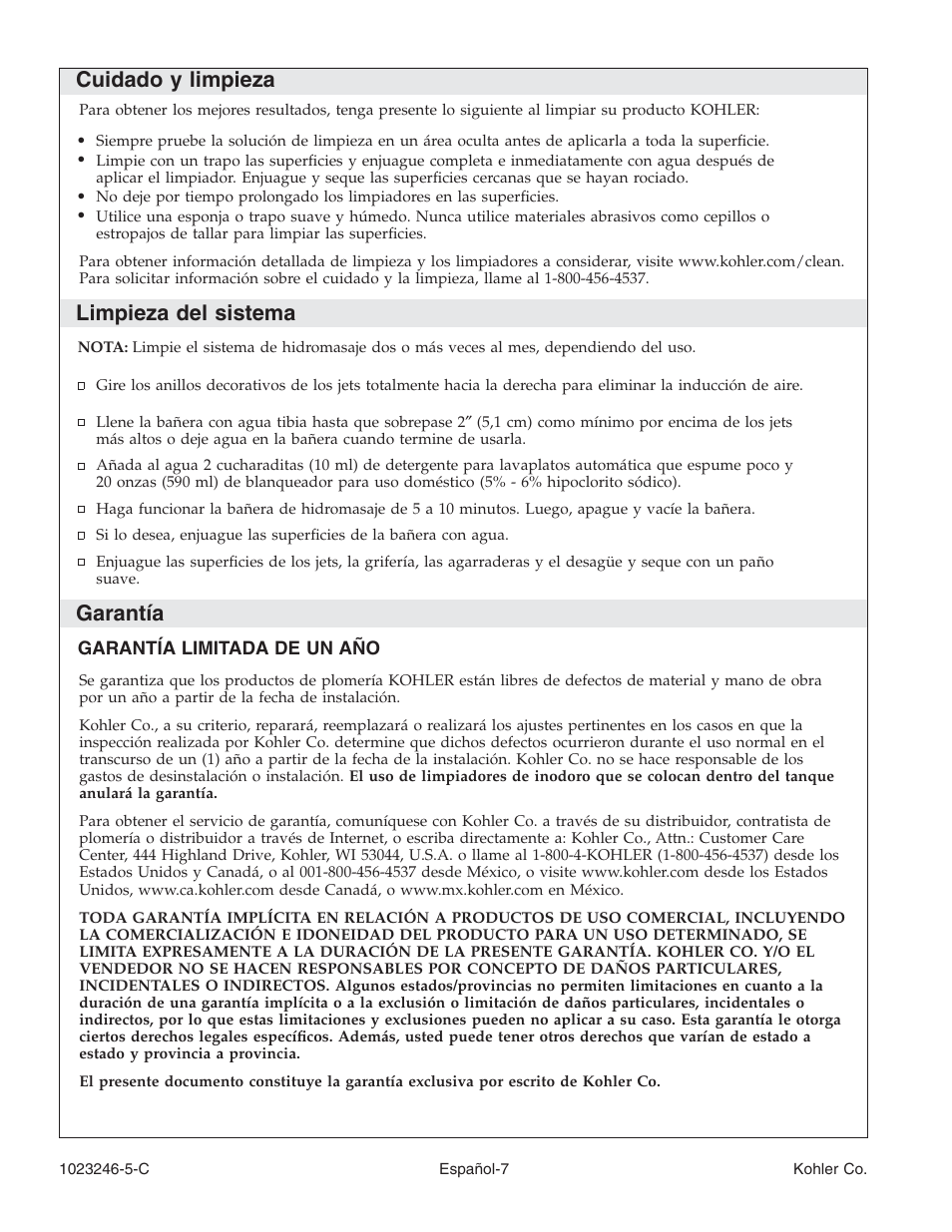 Cuidado y limpieza, Limpieza del sistema, Garantía | Kohler Bath Whirlpool K-1418-CT User Manual | Page 40 / 52