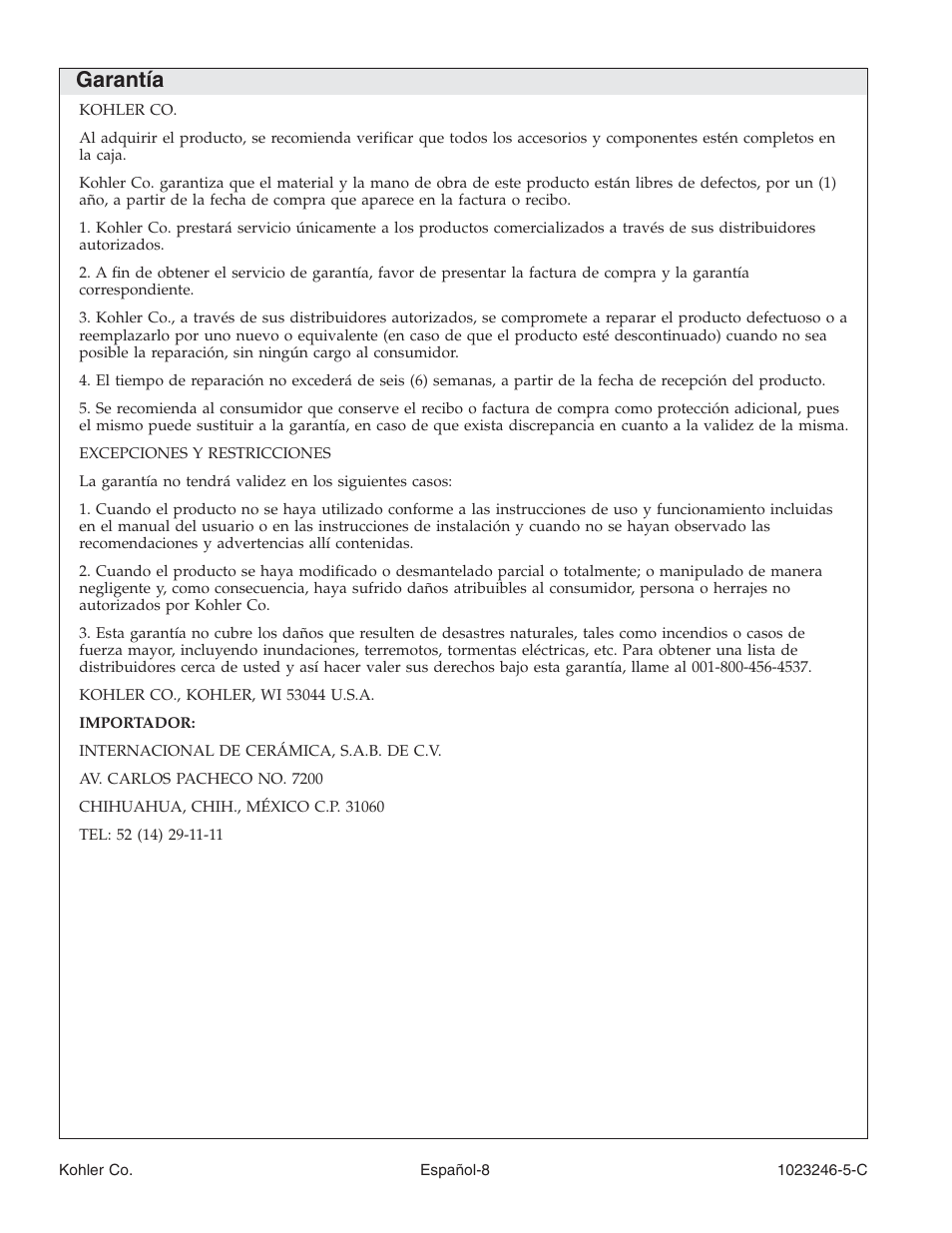 Garantía | Kohler Bath Whirlpool K-1418-CT User Manual | Page 41 / 52