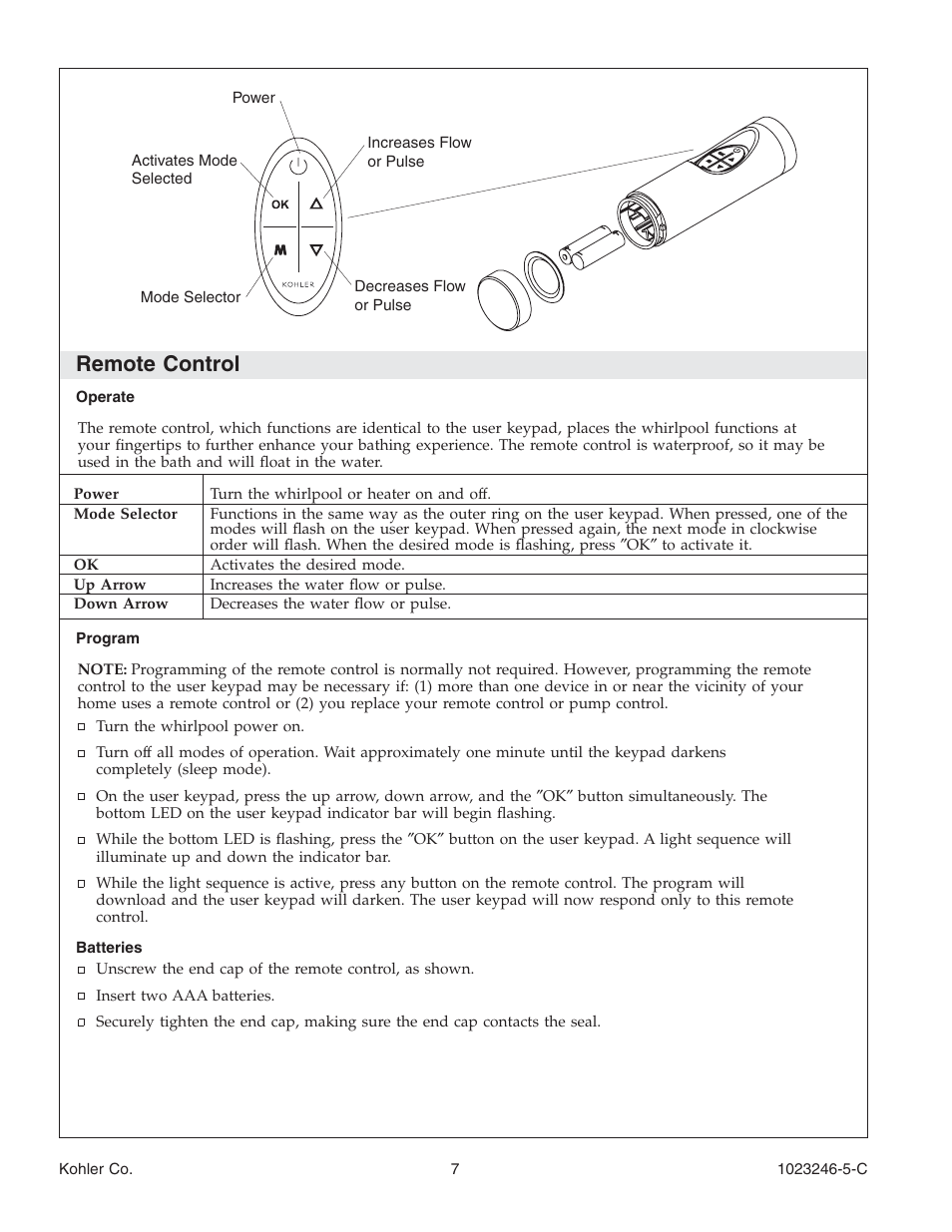 Remote control | Kohler Bath Whirlpool K-1418-CT User Manual | Page 7 / 52