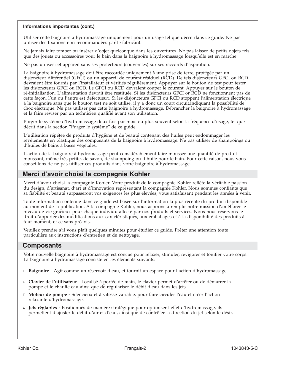 Merci d’avoir choisi la compagnie kohler, Composants | Kohler K-1158 User Manual | Page 17 / 48