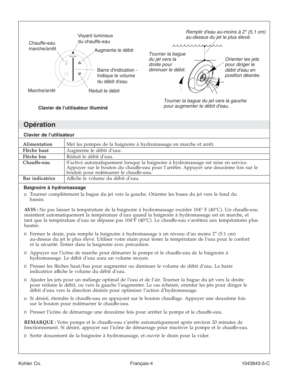 Opération | Kohler K-1158 User Manual | Page 19 / 48