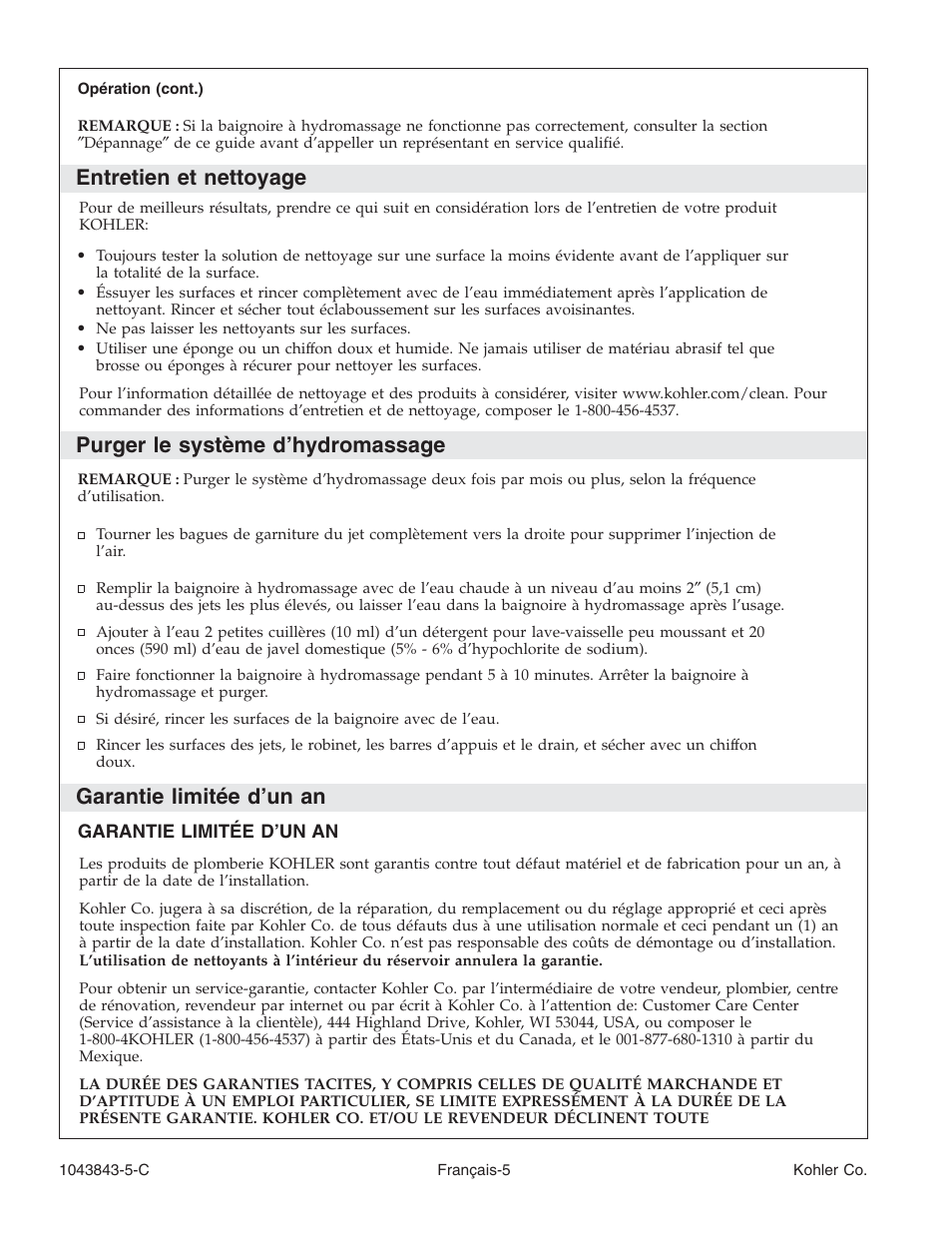 Entretien et nettoyage, Purger le système d’hydromassage, Garantie limitée d’un an | Kohler K-1158 User Manual | Page 20 / 48