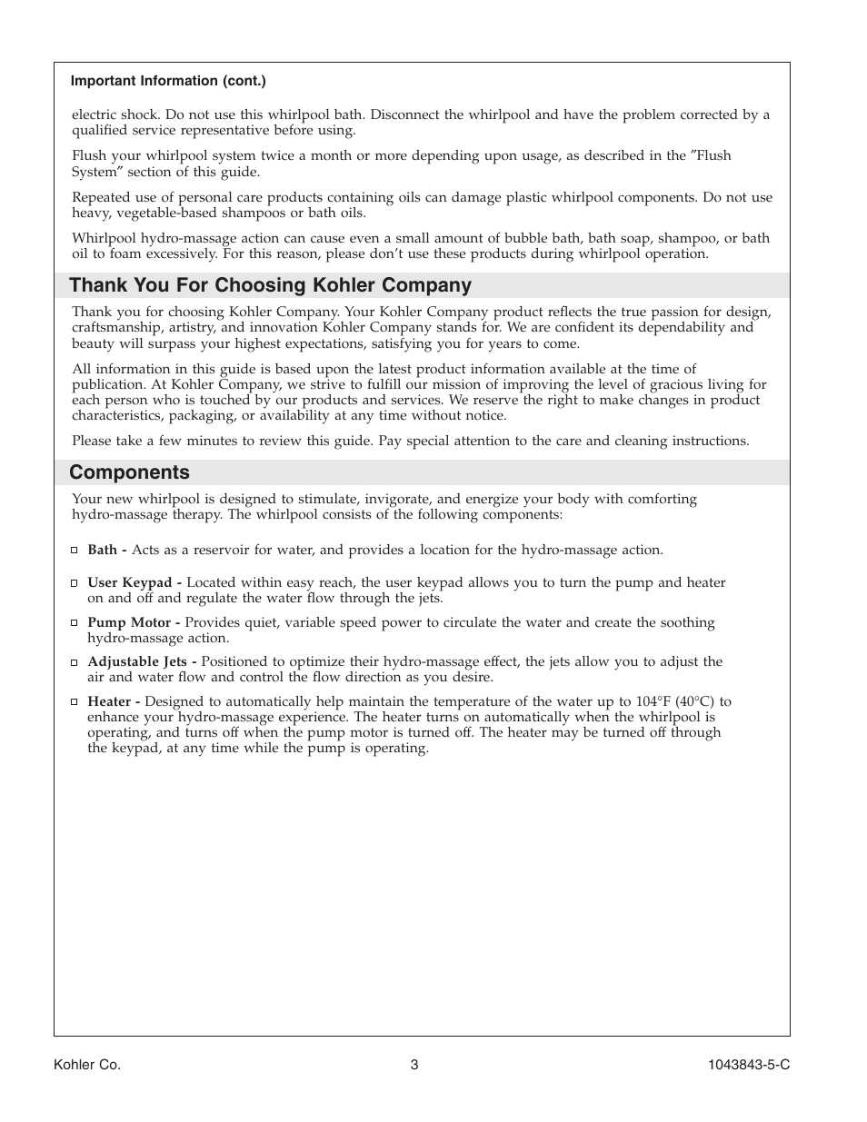 Components | Kohler K-1158 User Manual | Page 3 / 48