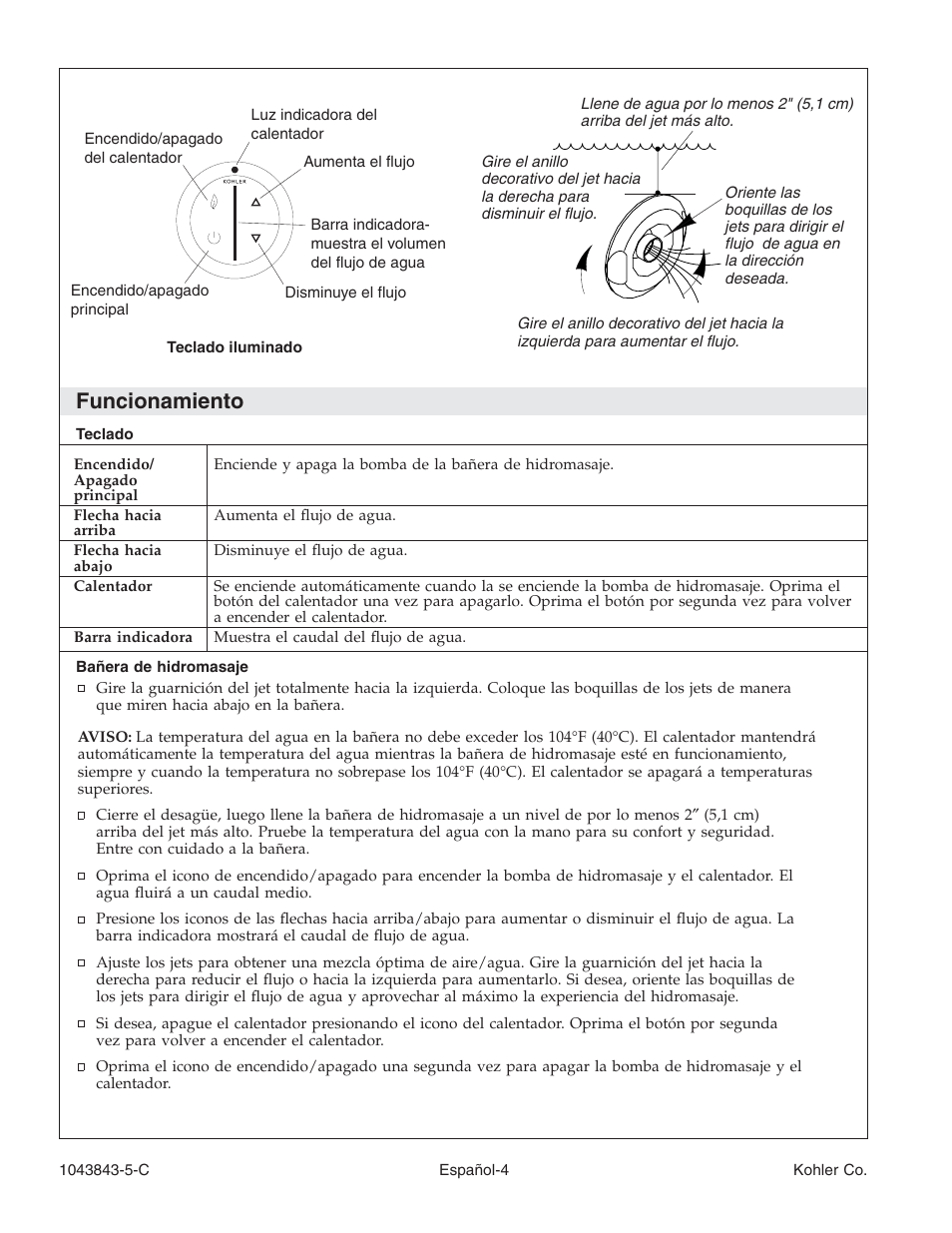 Funcionamiento | Kohler K-1158 User Manual | Page 34 / 48