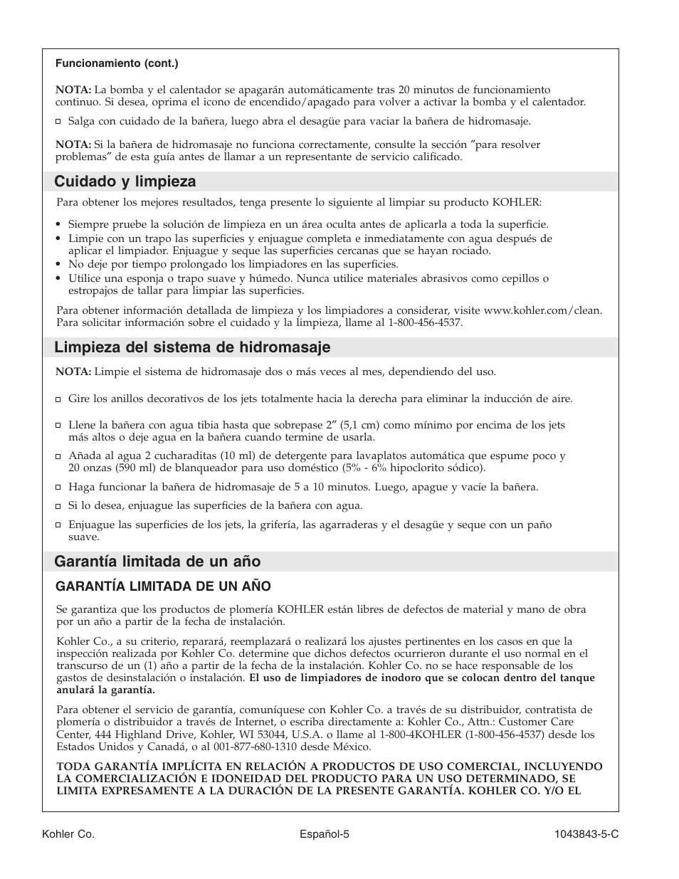 Cuidado y limpieza, Limpieza del sistema de hidromasaje, Garantía limitada de un año | Kohler K-1158 User Manual | Page 35 / 48