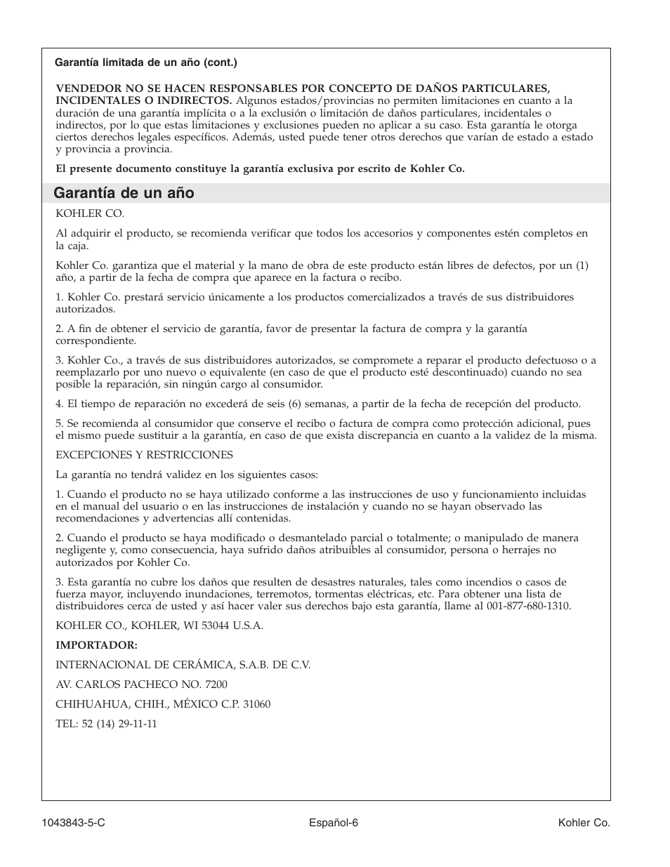 Garantía de un año | Kohler K-1158 User Manual | Page 36 / 48