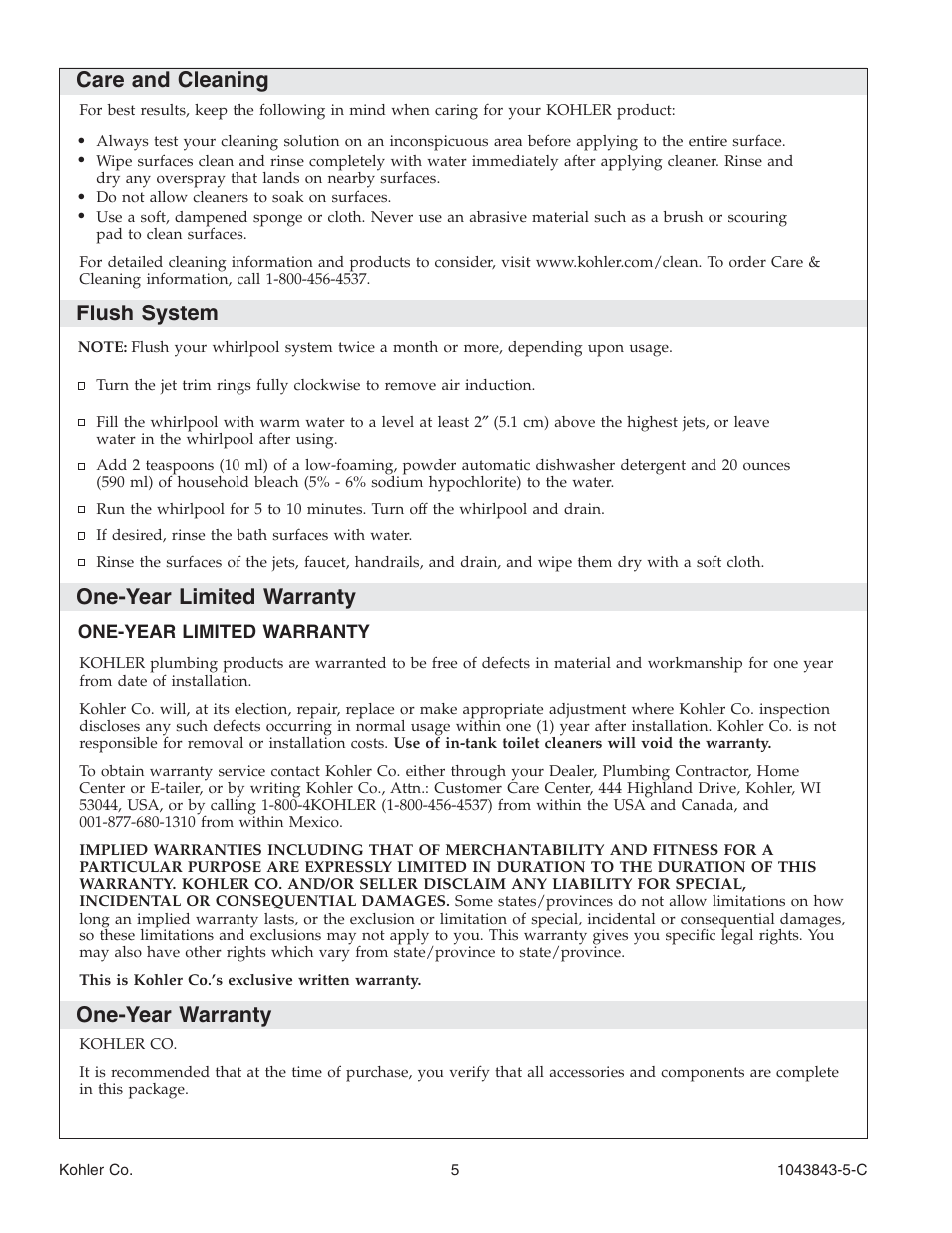 Care and cleaning, Flush system, One-year limited warranty | One-year warranty | Kohler K-1158 User Manual | Page 5 / 48