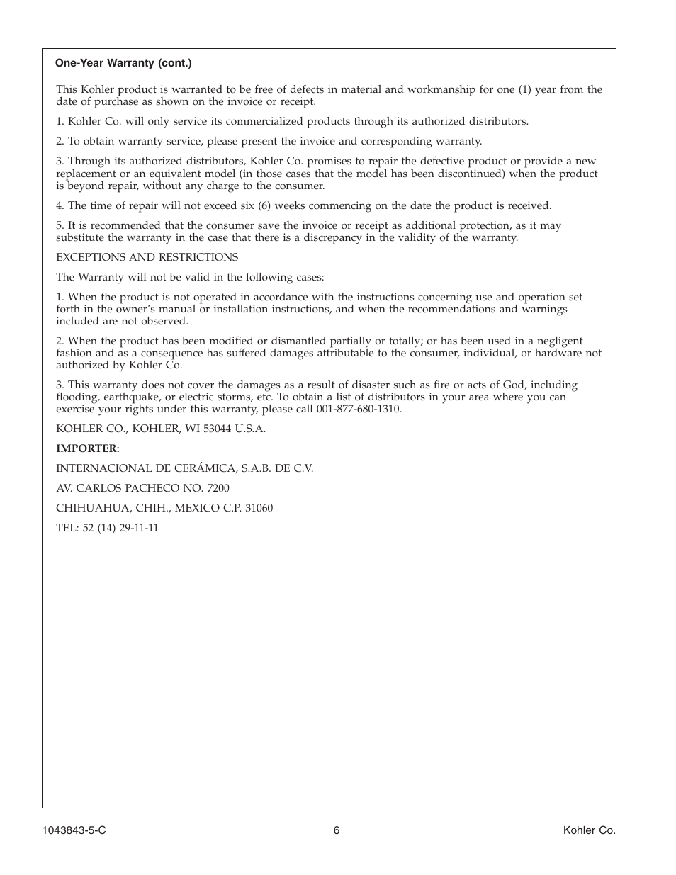 Kohler K-1158 User Manual | Page 6 / 48