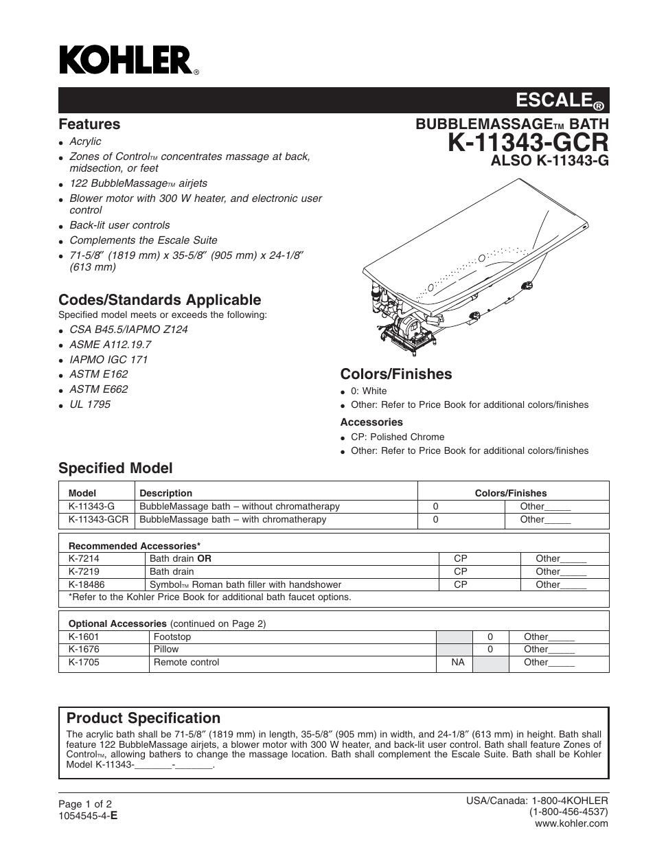 Kohler Escale K-11343-G User Manual | 2 pages