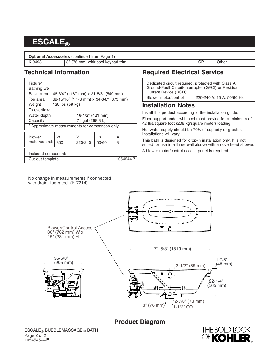 Escale, Technical information, Required electrical service | Product diagram | Kohler Escale K-11343-G User Manual | Page 2 / 2