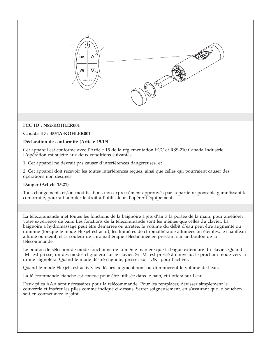 Conformité fcc, Télécommande | Kohler K-1111 User Manual | Page 26 / 60