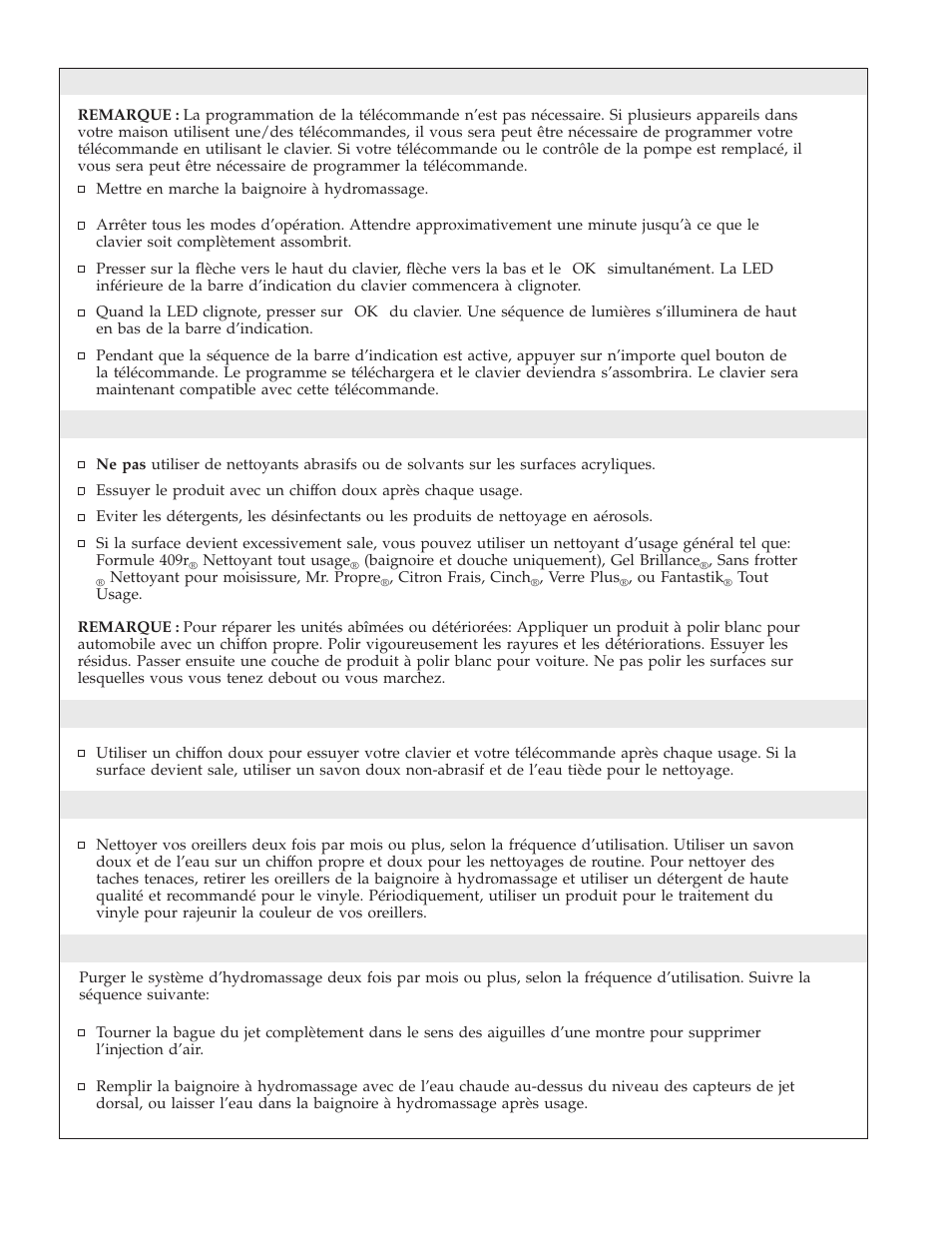Programmer la télécommande, Nettoyer le clavier et la télécommande, Nettoyer les oreillers amovibles | Purger le système de baignoire d’hydromassage | Kohler K-1111 User Manual | Page 27 / 60
