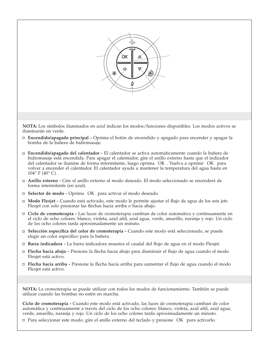 Funcionamiento del teclado, Funcionamiento de la cromoterapia | Kohler K-1111 User Manual | Page 41 / 60