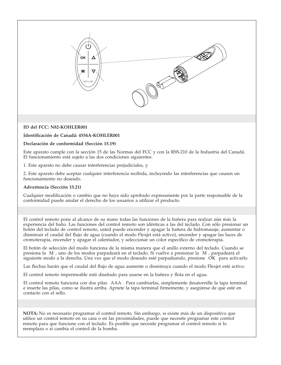 Cumple las normas del fcc, Control remoto, Programación del control remoto | Kohler K-1111 User Manual | Page 44 / 60