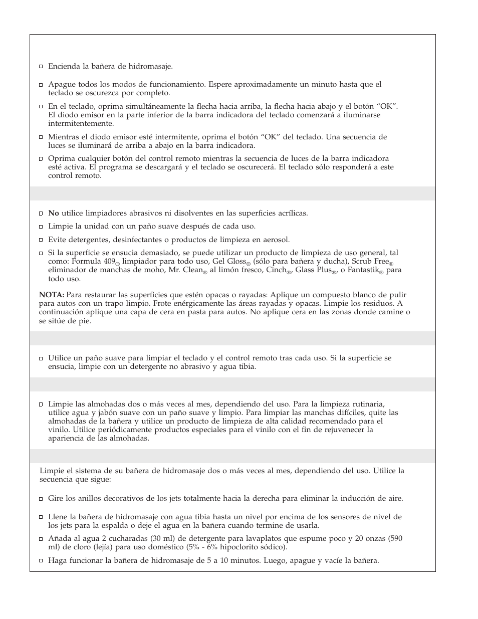 Limpieza de la bañera de hidromasaje acrílica, Limpieza del teclado y del control remoto, Limpieza de las almohadas desmontables | Limpieza del sistema de su bañera de hidromasaje | Kohler K-1111 User Manual | Page 45 / 60