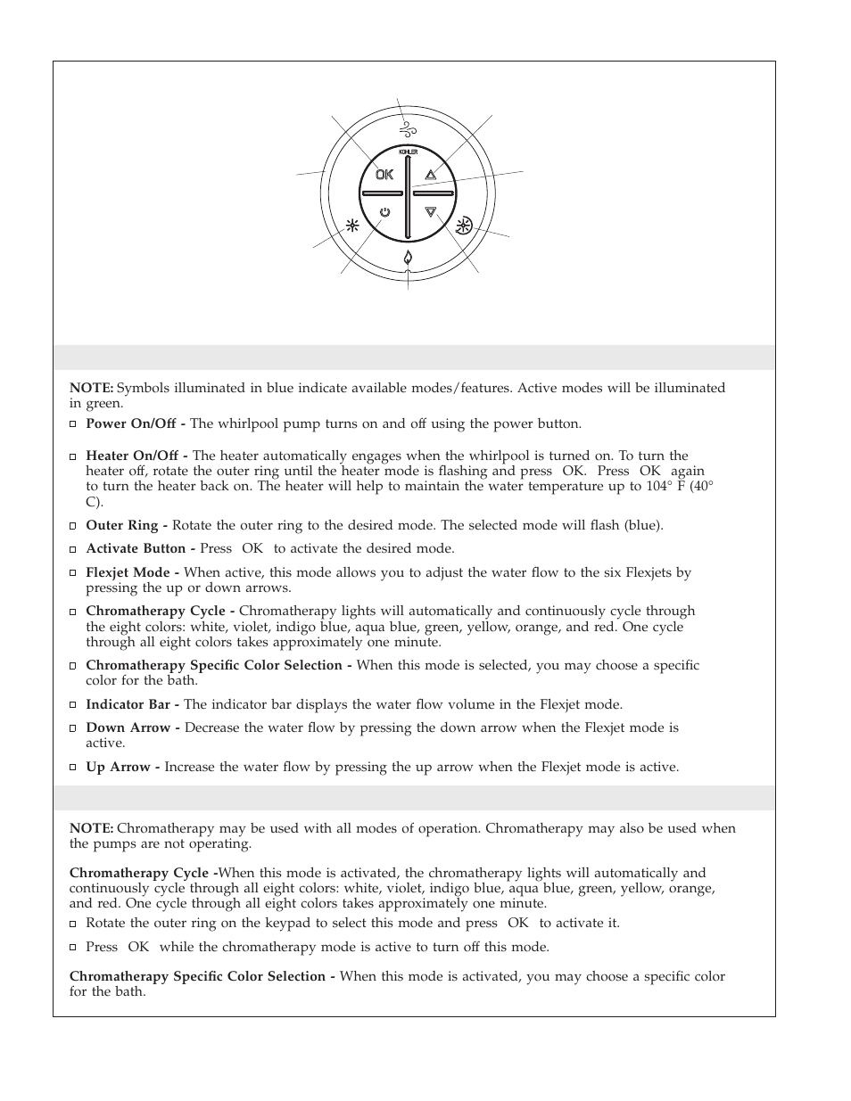 User keypad operation, Chromatherapy operation | Kohler K-1111 User Manual | Page 5 / 60