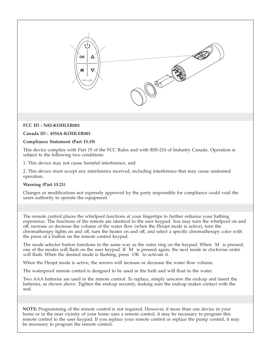 Fcc compliance, Remote control, Programming the remote control | Kohler K-1111 User Manual | Page 8 / 60