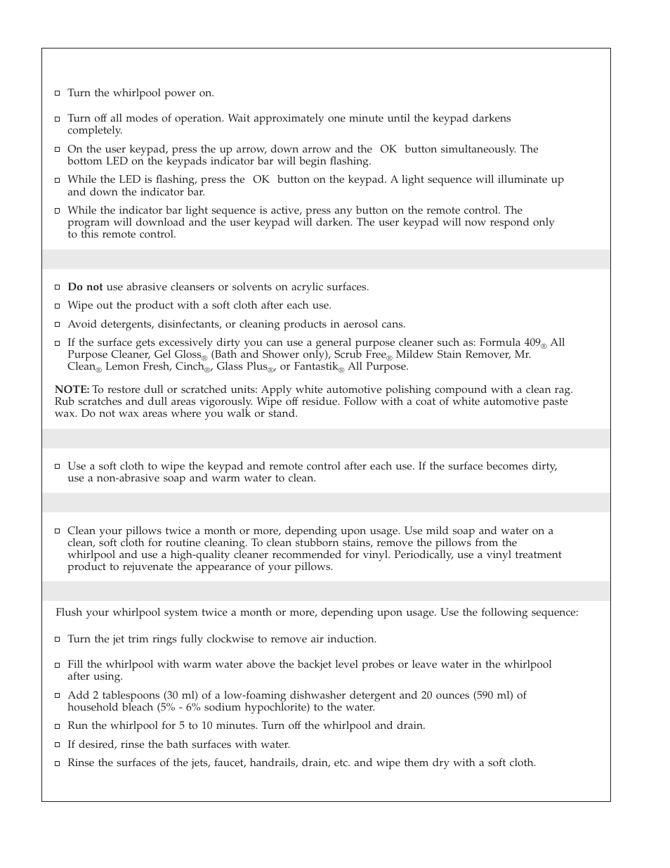 Cleaning your acrylic whirlpool, Cleaning your keypad and remote control, Cleaning your removable pillows | Flushing your whirlpool system | Kohler K-1111 User Manual | Page 9 / 60