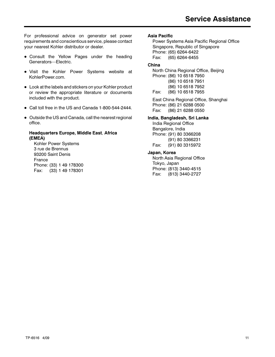 Service assistance | Kohler 12RESM1 User Manual | Page 11 / 40