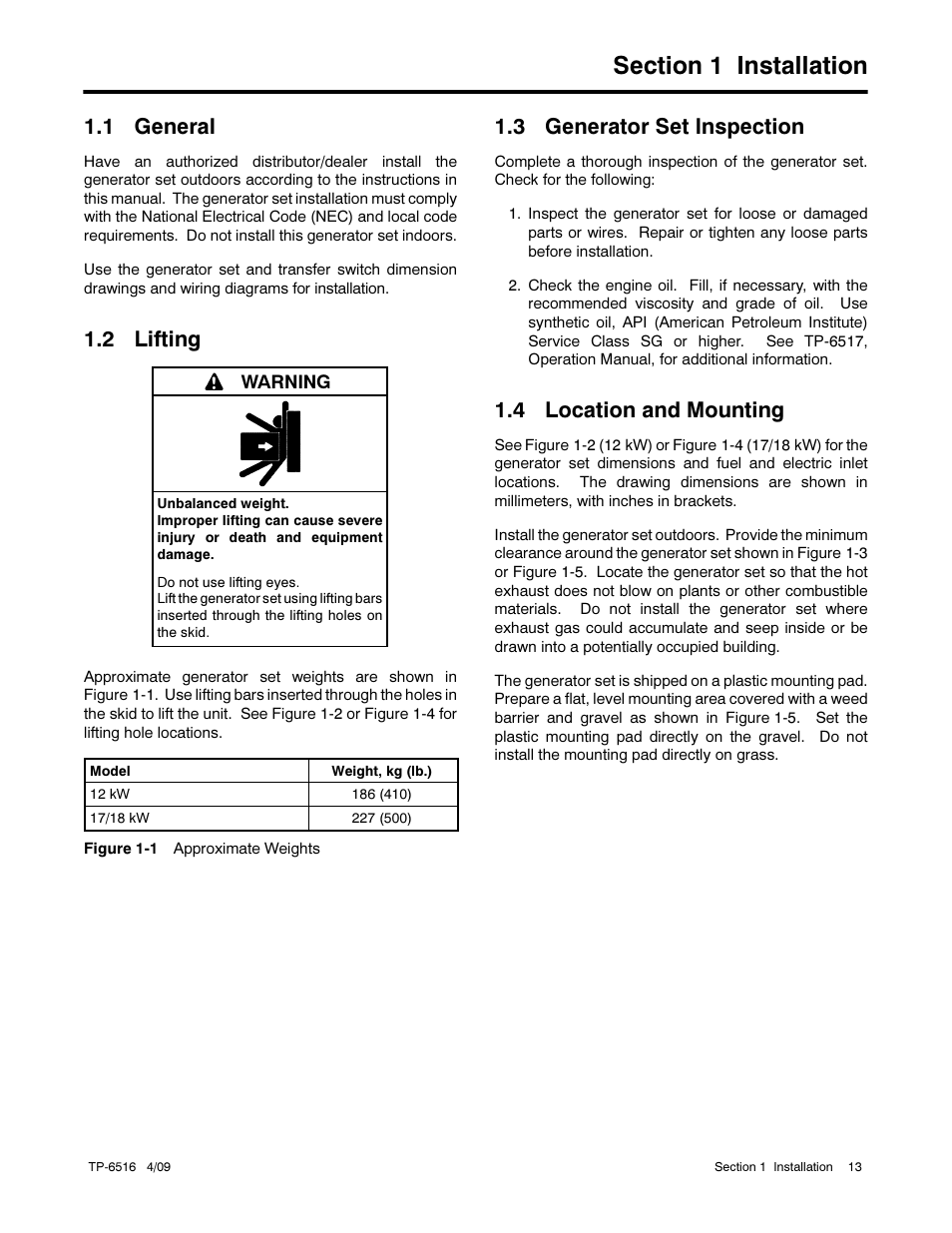 1 general, 2 lifting, 3 generator set inspection | 4 location and mounting | Kohler 12RESM1 User Manual | Page 13 / 40