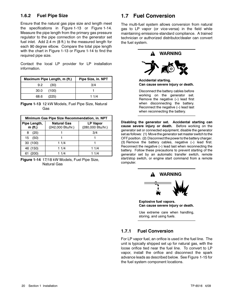 7 fuel conversion, 2 fuel pipe size, Warning | Warning 1.7.1 fuel conversion | Kohler 12RESM1 User Manual | Page 20 / 40