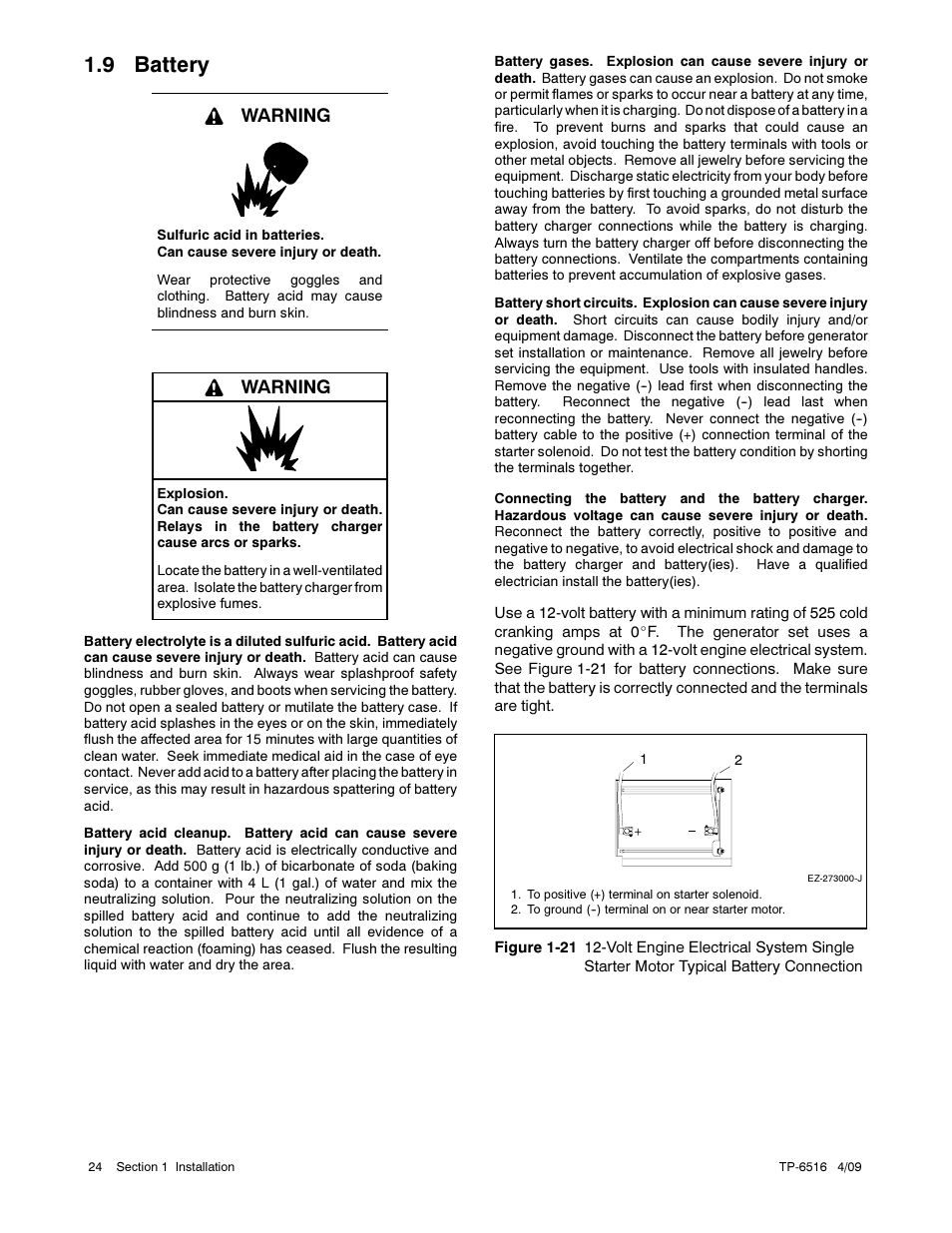 9 battery, Warning | Kohler 12RESM1 User Manual | Page 24 / 40