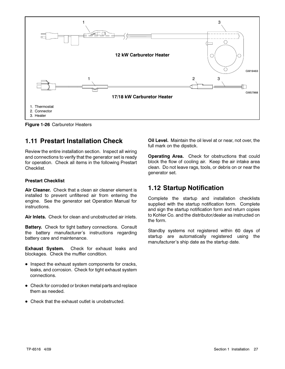11 prestart installation check, 12 startup notification | Kohler 12RESM1 User Manual | Page 27 / 40