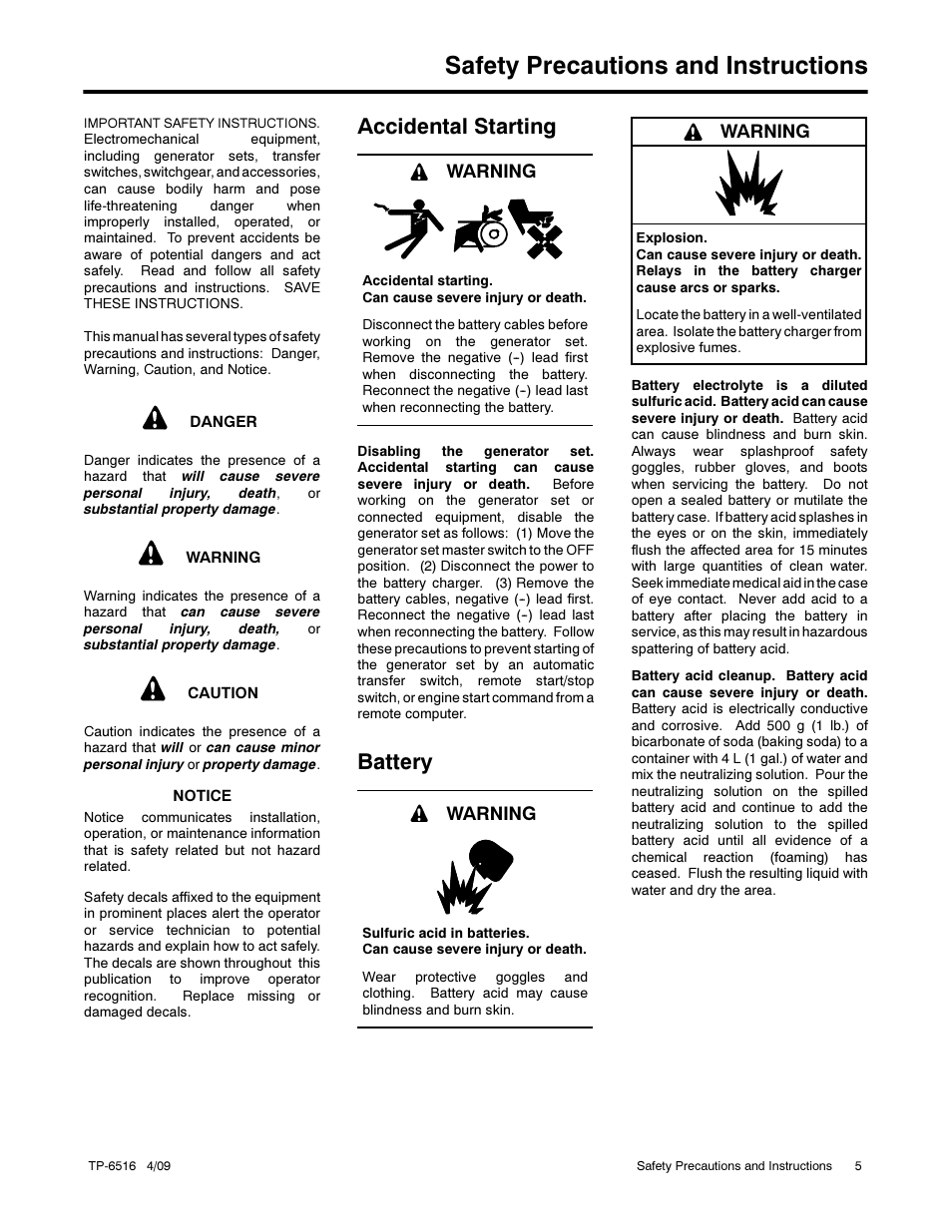 Safety precautions and instructions, Accidental starting, Battery | Warning | Kohler 12RESM1 User Manual | Page 5 / 40