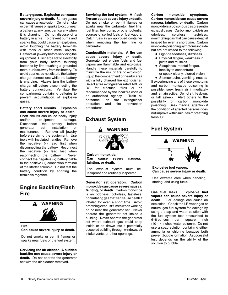 Engine backfire/flash fire, Exhaust system, Fuel system | Warning | Kohler 12RESM1 User Manual | Page 6 / 40