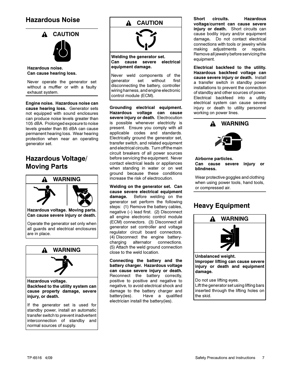 Hazardous noise, Hazardous voltage/ moving parts, Heavy equipment | Caution, Warning | Kohler 12RESM1 User Manual | Page 7 / 40