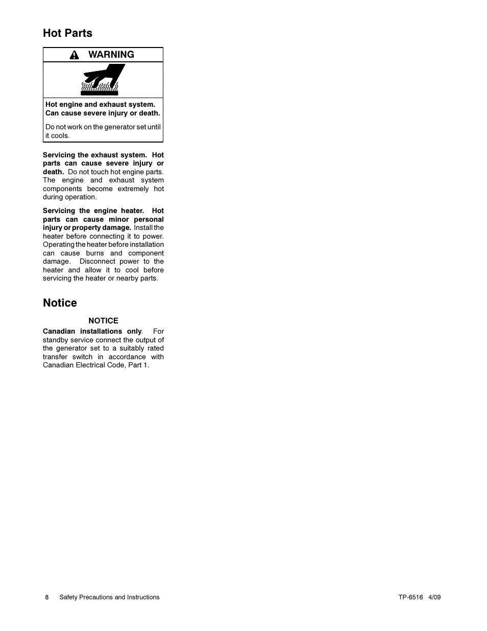 Hot parts, Notice | Kohler 12RESM1 User Manual | Page 8 / 40