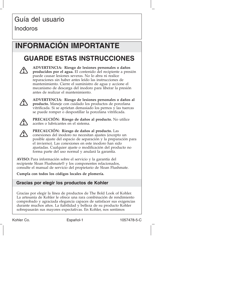 Información importante, Guía del usuario, Guarde estas instrucciones | Inodoros | Kohler K-3393 User Manual | Page 50 / 76