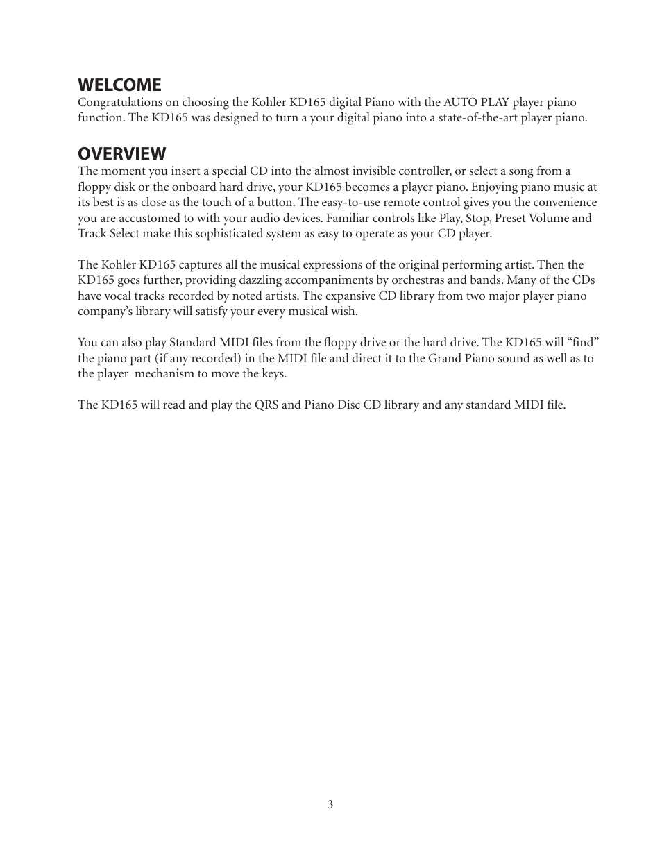 Welcome, Overview | Kohler KD165 User Manual | Page 3 / 14