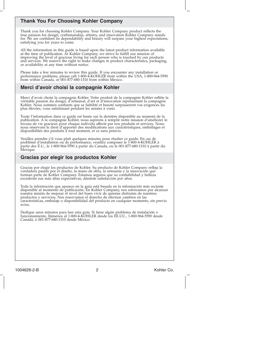 Merci d’avoir choisi la compagnie kohler, Gracias por elegir los productos kohler | Kohler Kitchen Sink Facet K-12177 User Manual | Page 2 / 20