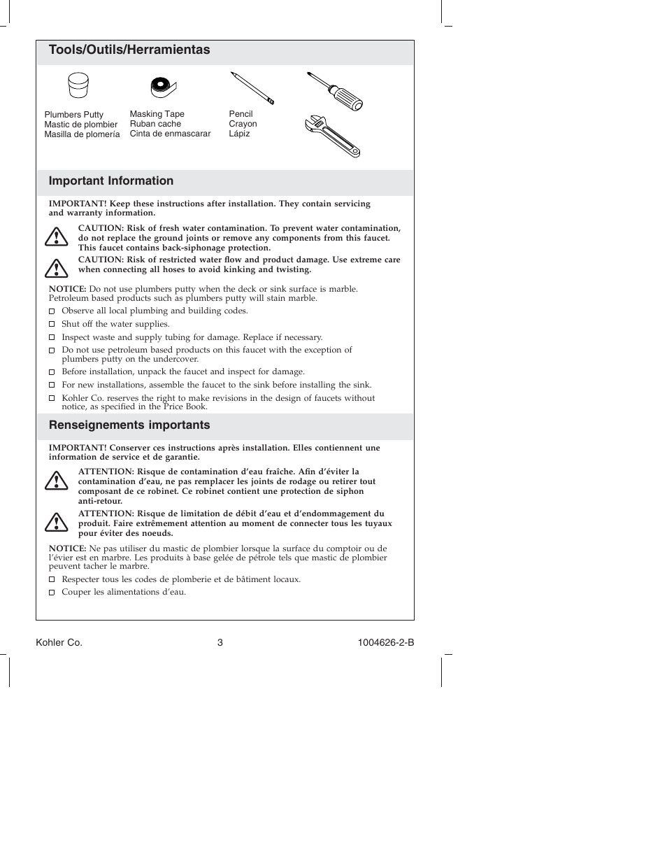 Tools/outils/herramientas, Important information, Renseignements importants | Kohler Kitchen Sink Facet K-12177 User Manual | Page 3 / 20