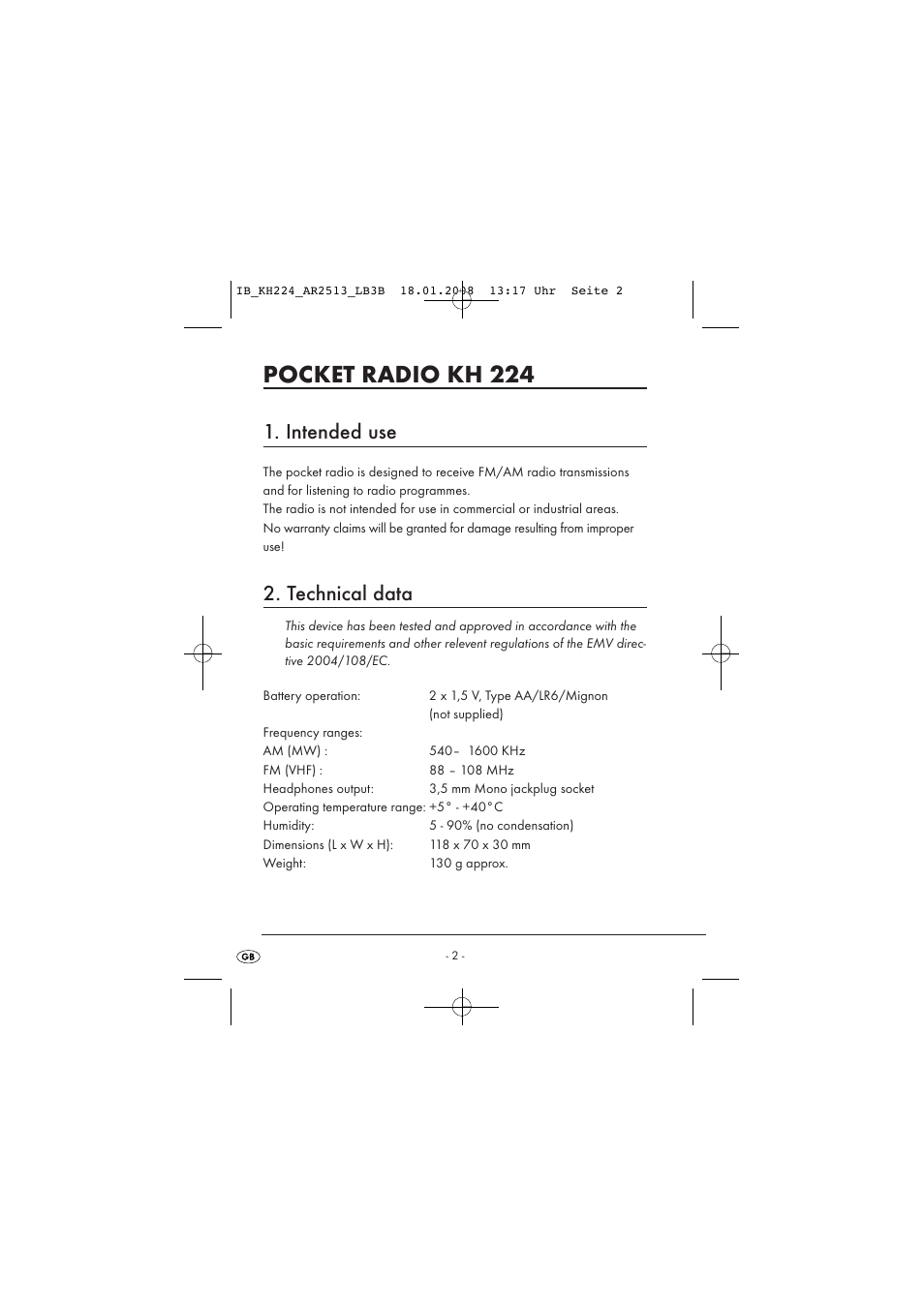 Pocket radio kh 224, Intended use, Technical data | Kompernass KH 224 User Manual | Page 6 / 27