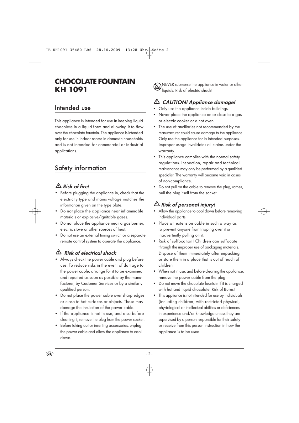 Chocolate fountain kh 1091, Intended use, Safety information | Kompernass KH1091-09-V4 User Manual | Page 4 / 8