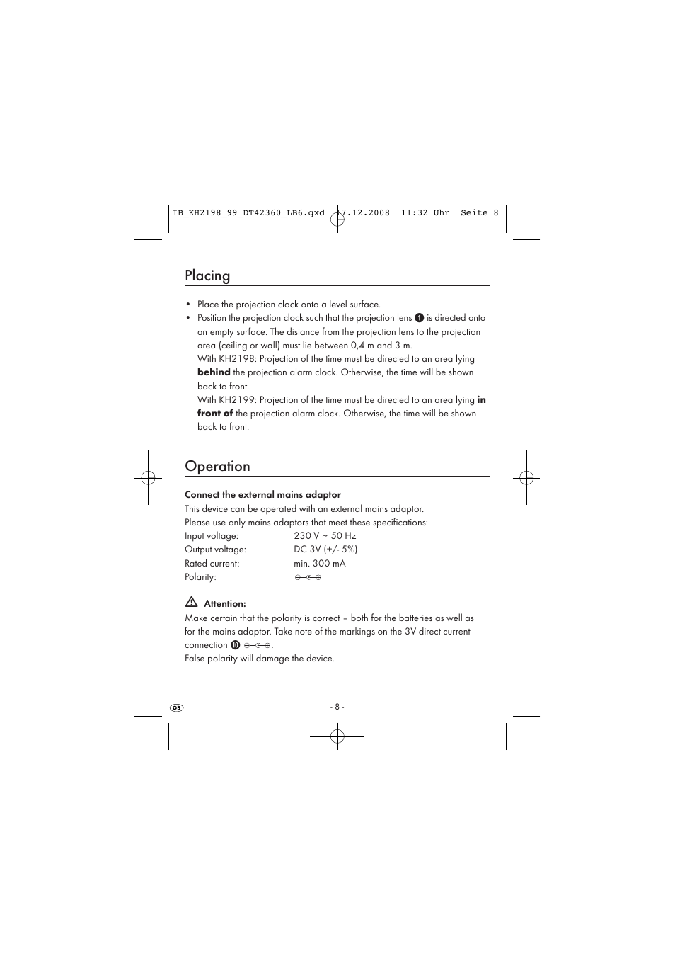 Placing, Operation | Kompernass KH 2198 User Manual | Page 10 / 18