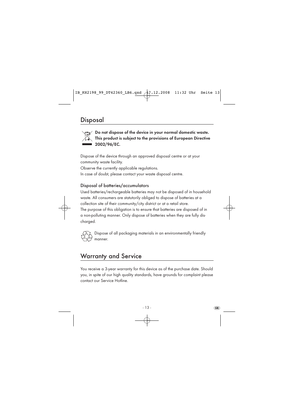 Disposal, Warranty and service | Kompernass KH 2198 User Manual | Page 15 / 18