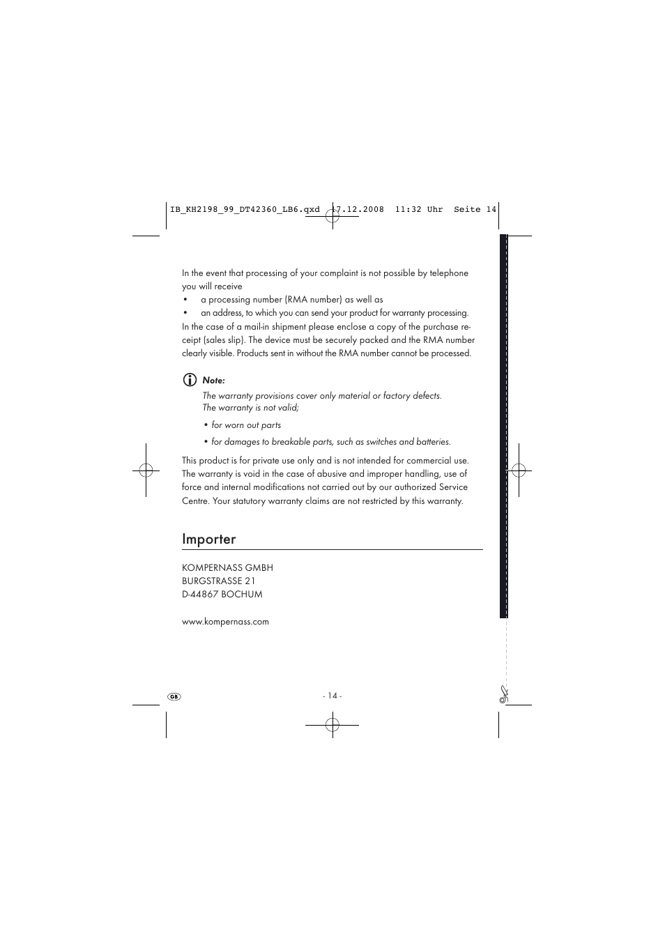 Importer | Kompernass KH 2198 User Manual | Page 16 / 18