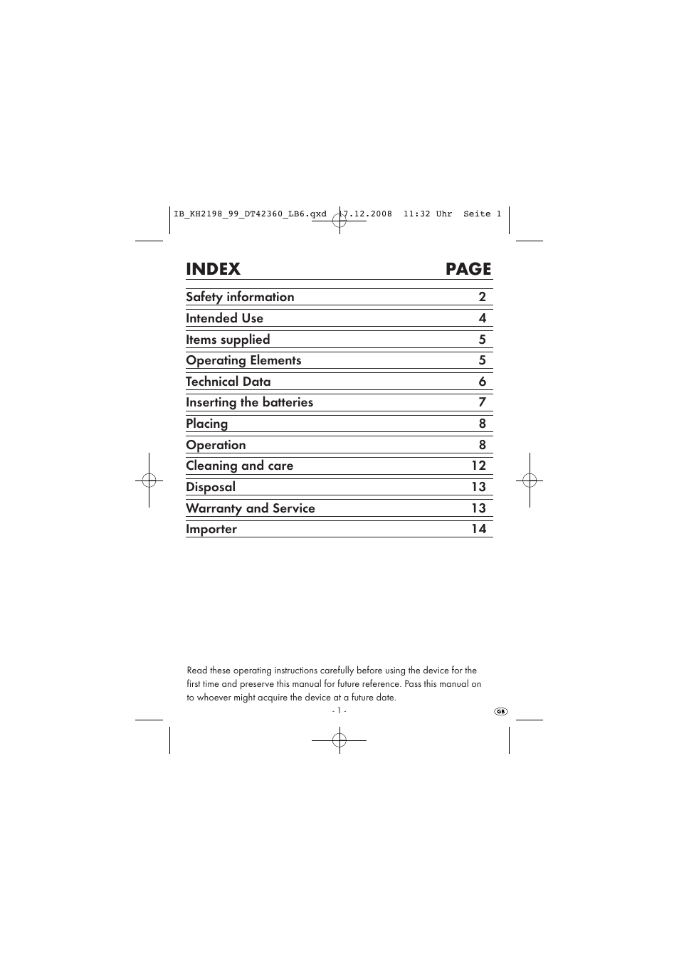 Index page | Kompernass KH 2198 User Manual | Page 3 / 18