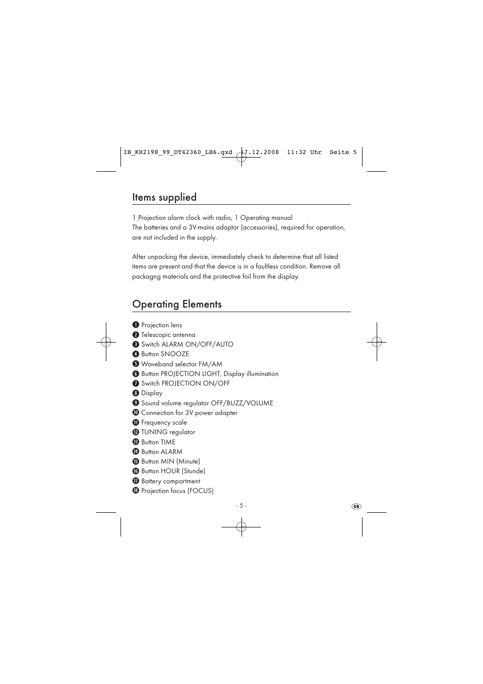 Items supplied, Operating elements | Kompernass KH 2198 User Manual | Page 7 / 18